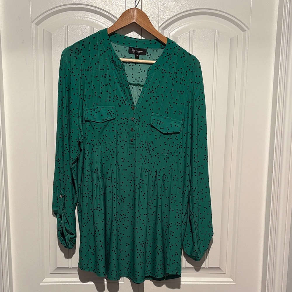Lily Morgan Green Blouse with tiny Black Squares